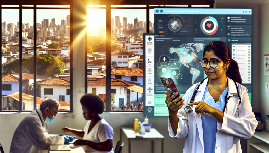 Clínica urbana en una ciudad latinoamericana con profesionales de la salud y pacientes diversos. Un joven médico hispano con bata blanca sostiene un smartphone mostrando una app de salud con datos en tiempo real sobre enfermedades infecciosas. A su lado, una enfermera afro-latina observa un mapa en una tablet con áreas de infección destacadas. En el fondo, una pantalla digital muestra estadísticas epidemiológicas. La escena refleja colaboración y avance tecnológico en diagnóstico móvil y control epidemiológico.