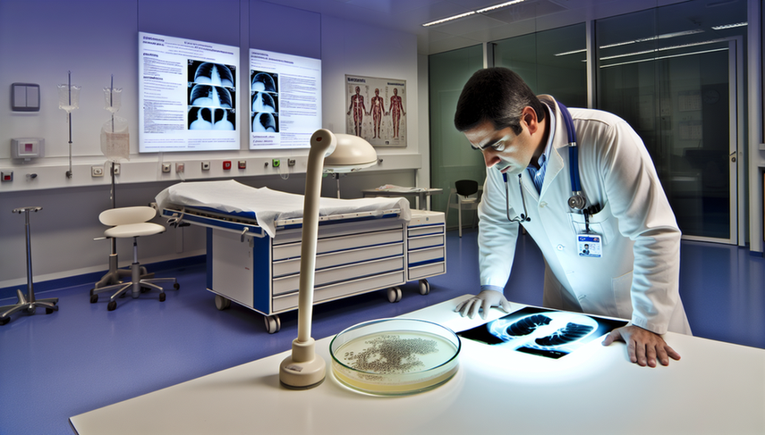Fotografía de un médico hispano de unos 40 años en un hospital de España, examinando una radiografía de tórax que muestra infiltrados pulmonares indicativos de neumonía. En una mesa cercana, hay un cultivo de esputo con colonias bacterianas visibles. El entorno es moderno y profesional, reflejando experiencia clínica.