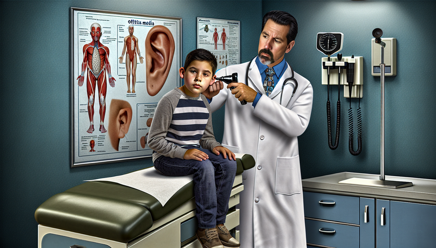 Un médico hispano de unos 40 años, con bata blanca y estetoscopio, examina con un otoscopio el oído de un niño hispano de 8 años en una sala de examen médica. El niño está tranquilo y el médico muestra una actitud profesional y cuidadosa. En el fondo, hay un póster médico que ilustra la anatomía del oído, destacando la importancia del diagnóstico preciso de la otitis media y su diferenciación de la otitis externa.