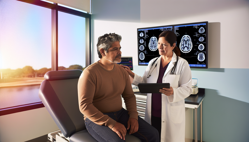 Un paciente hispano de mediana edad está sentado en una mesa de examen en una sala médica moderna. Una doctora hispana, vestida con una bata blanca, le muestra un escaneo cerebral en una tableta, destacando áreas relevantes. En la pared, una pantalla grande muestra un modelo 3D de un cerebro humano con vías neuronales resaltadas, simbolizando el uso de IA en el diagnóstico de Parkinson. La atmósfera es profesional y tranquilizadora.