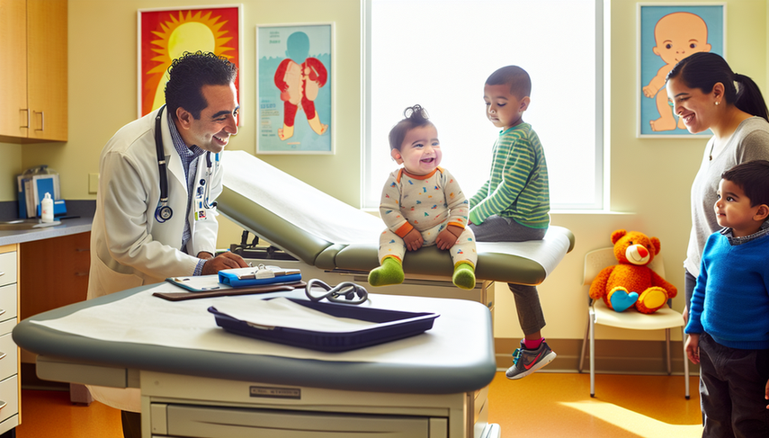Clínica pediátrica iluminada con un pediatra hispano examinando a un niño pequeño sonriente en una mesa de examen, mientras un padre observa con atención. El entorno refleja un enfoque integral y profesional en el cuidado pediátrico.
