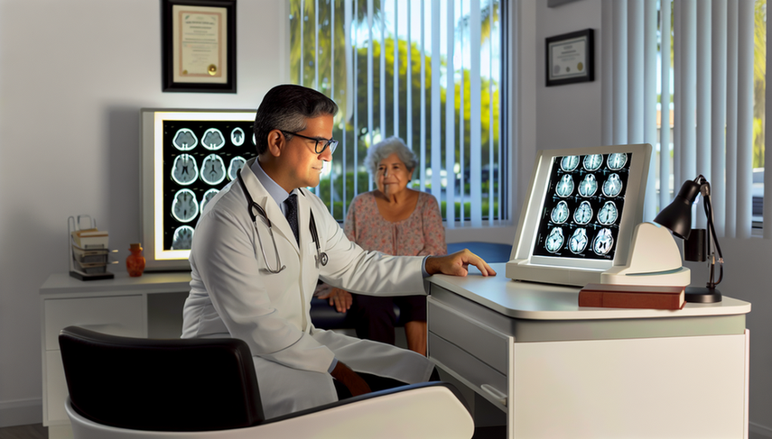 Consultorio médico iluminado con luz natural, donde un doctor hispano de mediana edad revisa atentamente una imagen de un escáner cerebral en una caja de luz, destacando áreas asociadas con la demencia frontotemporal. En el fondo, una mujer hispana mayor observa al doctor. La escena refleja un ambiente profesional y acogedor, subrayando la importancia del diagnóstico precoz y la diferenciación de la enfermedad de Alzheimer.