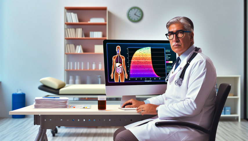 Un médico hispano de mediana edad en una sala de examen moderna observa atentamente una pantalla de computadora que muestra un gráfico de niveles de pH, relacionado con una prueba de pH-metría. En el escritorio hay libros médicos y un modelo del sistema digestivo humano, destacando el esófago y el estómago, en un entorno profesional y calmado.
