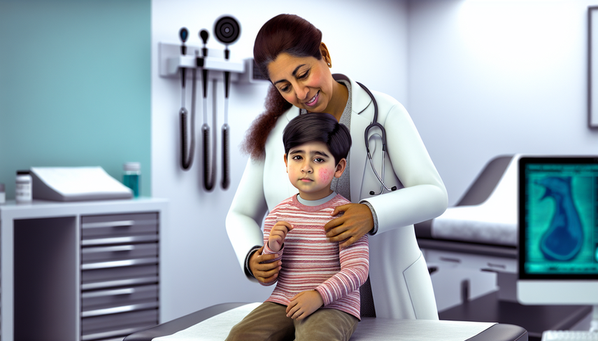 Niño hispano de 5 años con exantema rosado característico de rubéola en brazos y cara, sentado en una camilla de consultorio médico. Una doctora hispana examina cuidadosamente el área occipital del niño en busca de linfadenopatía. El entorno es un consultorio médico con equipo típico.