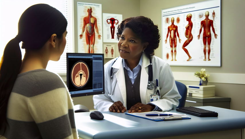 Consulta médica en la que una doctora hispana explica un diagnóstico de Síndrome de Ovario Poliquístico a una paciente joven. La doctora señala un diagrama del sistema reproductivo femenino en una pantalla de computadora. La paciente escucha atentamente, mostrando comprensión. En el fondo, se observan gráficos médicos y modelos anatómicos, creando un ambiente profesional.