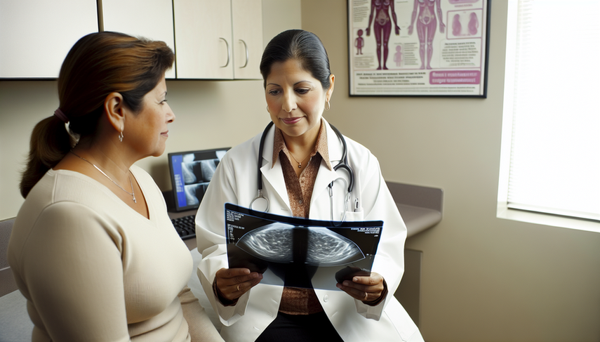Doctora hispana en consultorio médico explicando una mamografía a una paciente hispana, destacando la importancia del diagnóstico temprano y la detección precoz del cáncer de mama. En el fondo, se observan carteles educativos sobre el cáncer de mama.