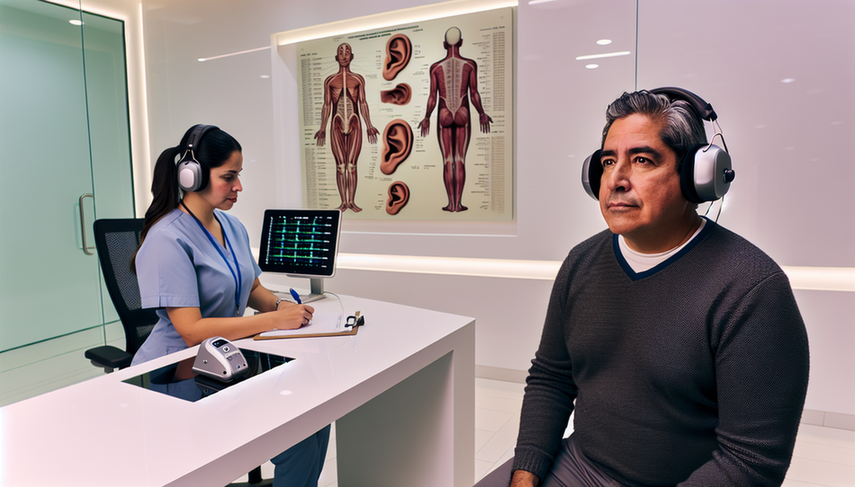 Hombre hispano de mediana edad en una clínica de audiología moderna, usando auriculares conectados a un audiómetro. Una audioprotesista hispana toma notas mientras realiza una prueba audiométrica para el diagnóstico de tinnitus. En la pared, un diagrama del oído humano en español y una pantalla digital muestran resultados de pruebas audiométricas.
