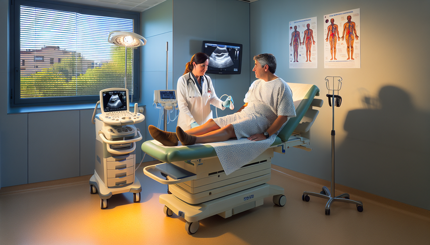 Sala de examen médico en un hospital español con un paciente hispano de mediana edad en una camilla. Una doctora hispana realiza una ecografía Doppler en la pierna del paciente, mostrando imágenes claras de las venas en la pantalla del ecógrafo. La escena destaca la importancia del diagnóstico preciso de la trombosis venosa profunda.