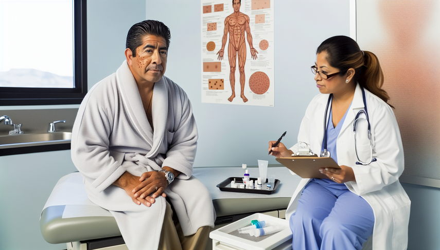 Un paciente hispano de mediana edad en una sala de examen médico moderna, vistiendo una bata de hospital azul claro, describe sus síntomas a una doctora hispana que toma notas. En la pared, un diagrama de la piel humana destaca áreas afectadas por urticaria. Cerca, hay equipo para pruebas de alergia, subrayando la importancia de la historia clínica y las pruebas cutáneas en el diagnóstico de urticaria.