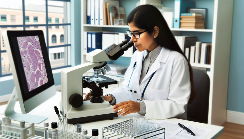 Fotografía de un laboratorio médico moderno con una doctora hispana en sus 30s, usando un microscopio para examinar una muestra. En la mesa hay un ordenador mostrando una imagen digital de células cervicales y un estante con tubos de ensayo etiquetados. La escena refleja un entorno profesional y organizado, enfocado en la investigación y diagnóstico del VPH.