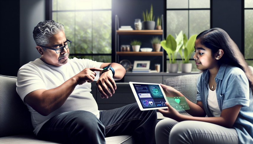 Hombre hispano de mediana edad en una sala de estar moderna, usando un smartwatch que muestra signos vitales. A su lado, una joven hispana utiliza una tableta con una aplicación de monitoreo de salud. La escena refleja el uso de tecnología para la monitorización en tiempo real y el diagnóstico continuo en un entorno familiar.