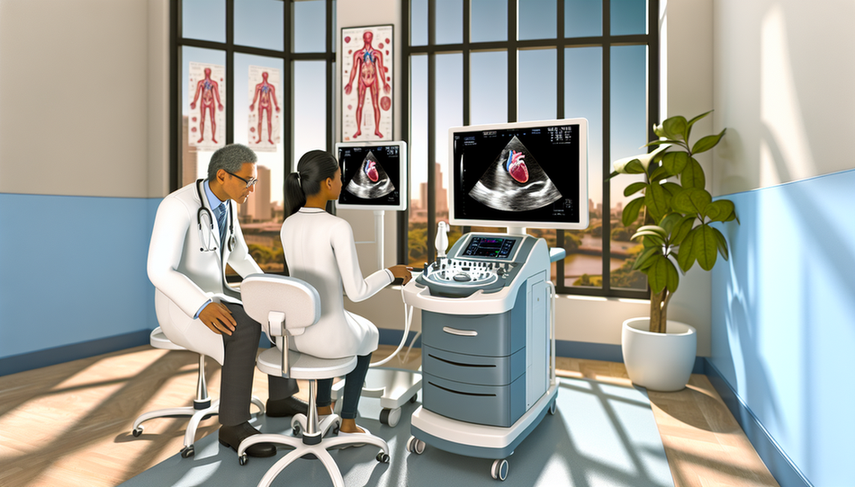 Un médico hispano de mediana edad observa atentamente una máquina de ecocardiografía de última generación que muestra una imagen 3D detallada de un corazón humano. Junto a él, una técnica hispana joven opera la máquina con expresión concentrada. La escena refleja un entorno hospitalario moderno con tecnología avanzada y colaboración médica.
