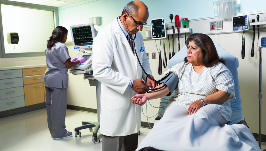 Un médico hispano de unos 40 años, con bata blanca y estetoscopio, mide la presión arterial de una paciente hispana de unos 60 años en una sala de urgencias. La paciente, tranquila y en bata hospitalaria, está sentada en una cama. Al fondo, monitores muestran signos vitales y una enfermera organiza suministros médicos. La escena resalta la importancia del manejo clínico en situaciones de emergencia y urgencia hipertensiva.