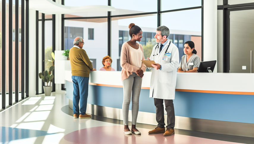 Recepción de hospital en España con un médico hispano escuchando a una paciente joven con una encuesta de satisfacción, mientras una enfermera asiste a una pareja mayor en el mostrador. Ambiente moderno y luminoso que refleja colaboración y compromiso con la mejora de la calidad asistencial a través de la retroalimentación del paciente.