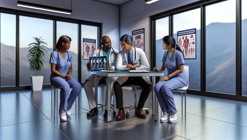 Un grupo diverso de profesionales de la salud, incluyendo un médico hispano, una enfermera afroamericana y una terapeuta ocupacional asiática, revisa un gráfico de salud ocupacional en una tableta digital en una oficina médica moderna. La escena destaca la colaboración profesional y la importancia de la detección temprana y la vigilancia médica en la salud ocupacional.