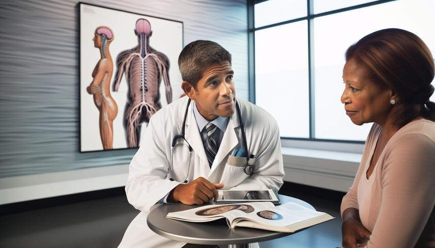 Consulta médica en un entorno profesional donde un doctor hispano de mediana edad explica a dos pacientes las diferencias entre esclerosis múltiple y ELA. En la mesa hay libros médicos abiertos y una tableta con una imagen de resonancia magnética cerebral, destacando el enfoque neurológico de la discusión. Al fondo, un póster anatómico del sistema nervioso refuerza el tema.