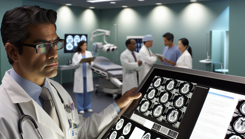 Fotografía de un neurocirujano hispano de unos 40 años revisando escaneos cerebrales de un meningioma en un hospital moderno. Lleva una bata blanca y gafas, mostrando una expresión de concentración. Al fondo, un equipo médico diverso discute con gráficos y tabletas, reflejando un ambiente de colaboración en un entorno de alta tecnología.