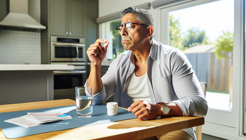 Hombre hispano de mediana edad sentado en una cocina moderna, observando pensativamente una pastilla blanca en su mano. En la mesa hay un vaso de agua y un frasco de famotidina, destacando la importancia de usar medicamentos con precaución.