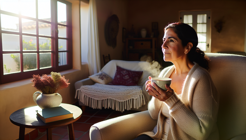 Mujer hispana de mediana edad sentada en un sillón, sosteniendo una taza de té, con expresión relajada mientras mira por la ventana en una habitación iluminada por luz natural. A su lado, un libro abierto y un jarrón con flores frescas, sugiriendo un ambiente de calma y tranquilidad.