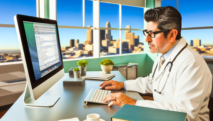 Un médico hispano de mediana edad, con bata blanca y gafas, revisa un cuestionario digital en la pantalla de su computadora en una oficina médica moderna. En el escritorio hay libros médicos, un estetoscopio y una taza de café. La escena refleja el uso de tecnología para el filtrado de pacientes y la reducción de consultas presenciales.