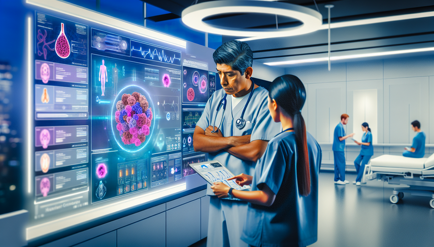 Una sala de hospital moderna con tecnología avanzada, donde un grupo diverso de profesionales de la salud analiza datos oncológicos en una pantalla digital. La pantalla muestra gráficos coloridos que simbolizan el análisis de datos y la integración de IA. En el fondo, una doctora revisa información en una tableta. El entorno es colaborativo, destacando la interoperabilidad y la seguridad en la gestión de datos oncológicos.