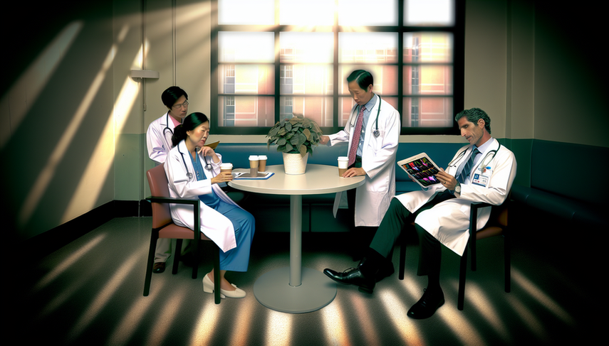 Sala de descanso hospitalaria con un grupo diverso de médicos conversando relajadamente alrededor de una mesa. Un médico sostiene una taza de café mientras otro revisa una tabla en una tablet. La atmósfera es de colaboración y apoyo, destacando la importancia de la gestión del estrés y la eficiencia en la práctica clínica.