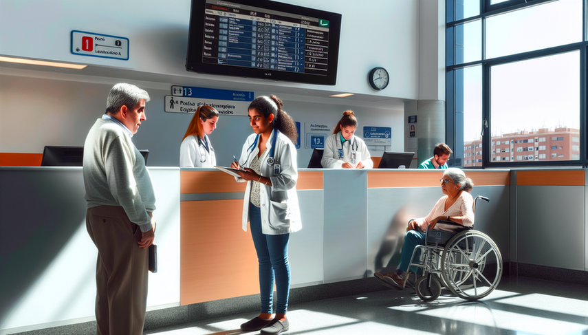 Sala de espera de hospital en España con pacientes y profesionales de la salud. Un médico hispano de mediana edad conversa con una paciente joven, mientras una enfermera de ascendencia africana asiste a un anciano en silla de ruedas. El ambiente es organizado y eficiente, con un tablero digital mostrando tiempos de espera y carteles informativos en las paredes.