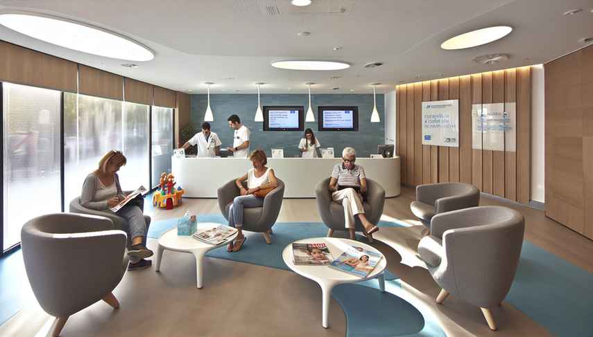 Sala de espera moderna y acogedora en una clínica en España, con luz natural, sillas contemporáneas y pacientes diversos interactuando. Una recepcionista hispana atiende a un paciente, mientras un monitor muestra tiempos de espera y consejos de salud. Ambiente organizado y centrado en el paciente.