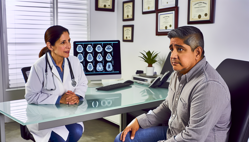 Un paciente hispano de mediana edad, con expresión preocupada, escucha atentamente a una doctora hispana que le explica los resultados de una resonancia magnética cerebral. La imagen en la pantalla muestra áreas destacadas, sugiriendo un posible diagnóstico de glioblastoma. La interacción refleja la importancia de la comunicación en el diagnóstico temprano de síntomas neurológicos como cefalea persistente y crisis epilépticas.