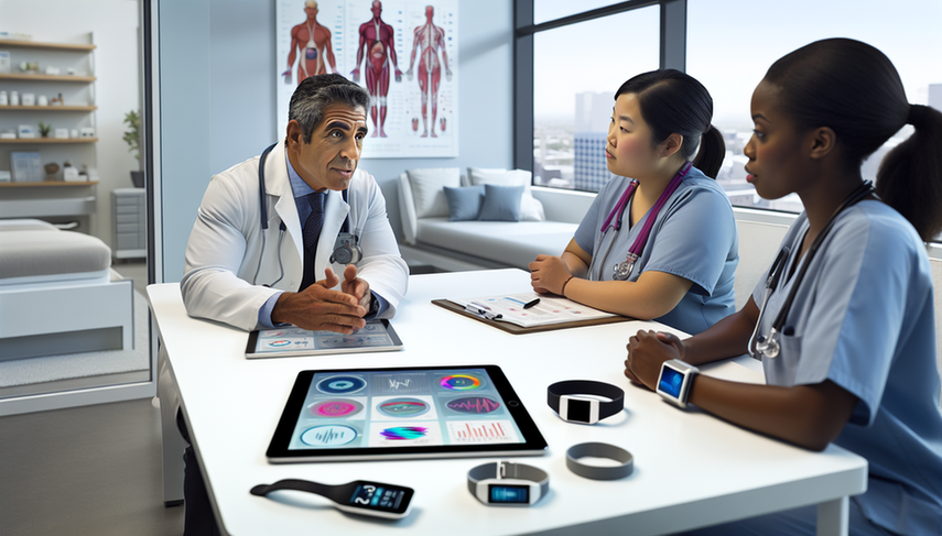 Un grupo diverso de profesionales de la salud, incluyendo un médico hispano, una enfermera asiática y una técnica médica afroamericana, discuten alrededor de una tableta digital que muestra una interfaz de aplicación de monitoreo de salud con gráficos y datos. En la mesa hay dispositivos de salud portátiles como un reloj inteligente y un monitor de presión arterial digital, destacando la integración de la tecnología en la atención médica.