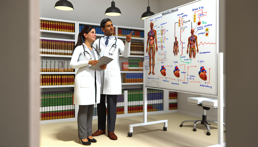 Dos médicos hispanos, un hombre en sus 40s y una mujer en sus 30s, discuten frente a una pizarra en una oficina médica. La pizarra muestra secciones sobre 'Hipopotasemia' y 'Alcalosis Metabólica', con diagramas de iones de potasio y procesos celulares, así como equilibrio de pH sanguíneo e iones de bicarbonato. El médico señala un punto específico mientras la doctora toma notas en una tableta, destacando un ambiente de aprendizaje y colaboración.