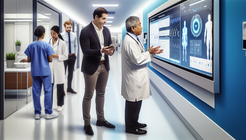 Corredor de hospital moderno y activo, con un doctor hispano usando una tableta digital para ver datos de pacientes y una enfermera asiática monitoreando signos vitales con un dispositivo inteligente. Un paciente caucásico observa una pantalla con sus métricas de salud. Al fondo, un grupo diverso de profesionales de la salud analiza datos de IoMT en un tablero digital, destacando la integración de tecnología avanzada en la gestión hospitalaria.