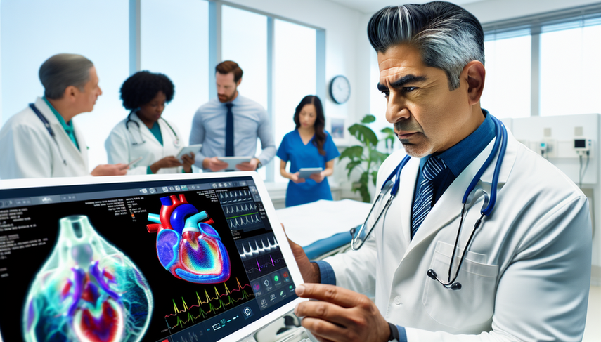 Un médico hispano de unos 40 años examina atentamente una pantalla digital de alta resolución que muestra un ecocardiograma 3D detallado y colorido, con gráficos de análisis predictivo superpuestos. En el fondo, un grupo diverso de profesionales médicos discute mientras sostiene tabletas con análisis de big data en cardiología. La sala está equipada con tecnología médica avanzada, reflejando un entorno innovador y colaborativo en cardiología.