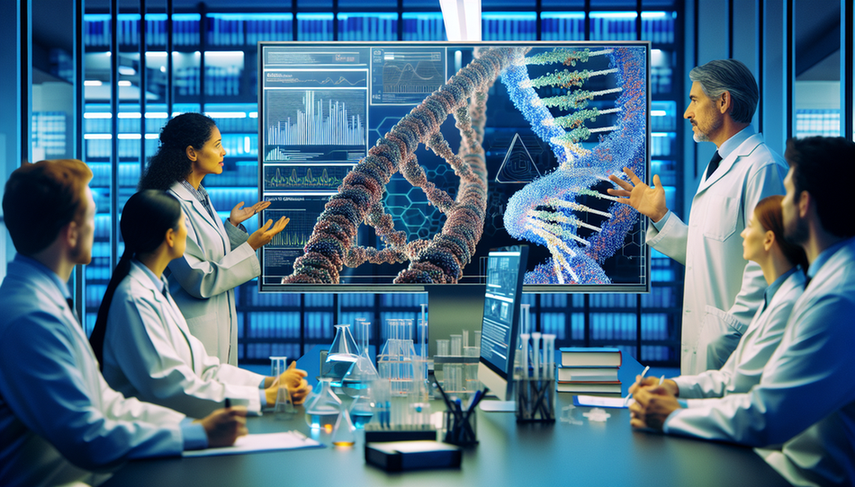 Un laboratorio moderno y tecnológico con un equipo diverso de científicos y médicos colaborando frente a una pantalla digital que muestra datos genómicos complejos y gráficos coloridos. La pantalla destaca un modelo 3D de cadenas de ADN con anotaciones. El ambiente refleja innovación en el uso de IA y big data para el diagnóstico de enfermedades raras.
