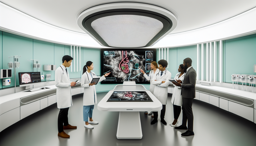 Una sala de hospital moderna con un grupo diverso de médicos observando una pantalla digital que muestra un escaneo médico complejo. La imagen destaca el uso de inteligencia artificial para mejorar las capacidades de diagnóstico, con los médicos discutiendo y tomando notas en tabletas digitales. La atmósfera refleja colaboración e innovación en el ámbito médico.