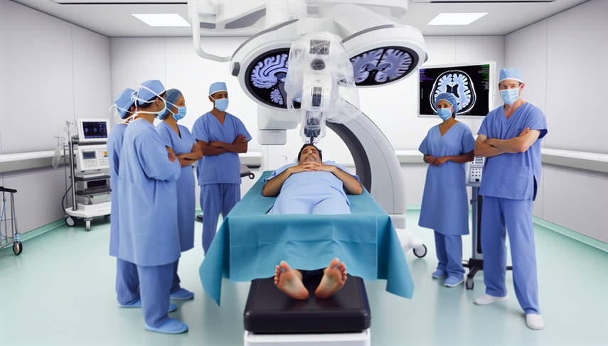 Sala de operaciones de neurocirugía moderna con tecnología avanzada, destacando un brazo robótico quirúrgico sobre un paciente hispano de mediana edad. Un equipo diverso de neurocirujanos, incluyendo una mujer hispana y un hombre asiático, monitorea el procedimiento. Una pantalla digital muestra un escaneo cerebral 3D, resaltando la precisión del sistema de navegación.