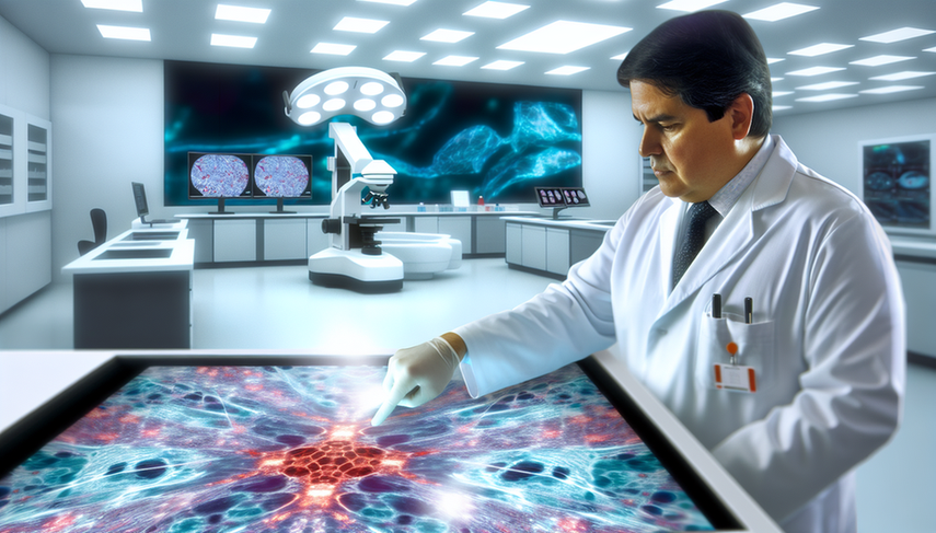 Un patólogo hispano de unos 40 años, con bata blanca, examina una pantalla digital de alta resolución que muestra una imagen de biopsia virtual. En el fondo, se observa equipo de laboratorio avanzado y una pantalla digital con un modelo 3D de tejido humano, destacando la tecnología de vanguardia y la integración de inteligencia artificial en la patología digital.