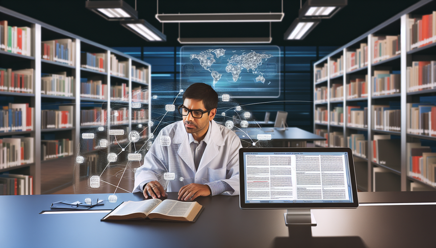 Investigador hispano de unos 30 años, con gafas y bata blanca, trabajando en un escritorio moderno en una biblioteca tecnológica. Observa atentamente la pantalla de un portátil con una base de datos bibliográfica compleja. A su lado, una tableta muestra artículos científicos interconectados. Al fondo, estanterías con revistas científicas y un gran mapa digital que destaca la colaboración científica global. Ambiente de innovación y enfoque en la gestión bibliográfica inteligente.