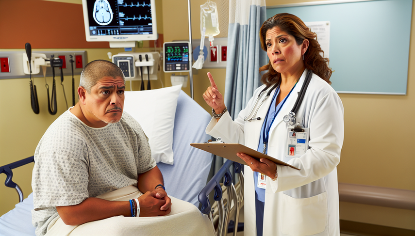 Un paciente hispano de mediana edad está sentado en una cama de hospital en la sala de emergencias, mostrando una expresión de leve confusión. Una doctora hispana, con bata blanca y estetoscopio, le explica con calma mientras señala un diagrama del cerebro en un portapapeles. El entorno refleja urgencia y cuidado, destacando la importancia de la evaluación rápida para prevenir secuelas neurológicas.