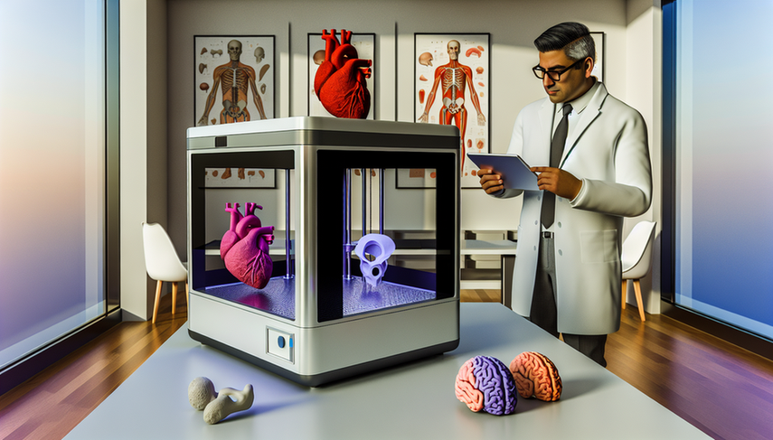 Oficina médica moderna centrada en la tecnología de impresión 3D, con una impresora creando un modelo anatómico detallado de un corazón humano. Un doctor hispano examina modelos impresos, comparándolos con un modelo digital en su tableta. El entorno refleja innovación en diagnóstico personalizado y planificación quirúrgica.