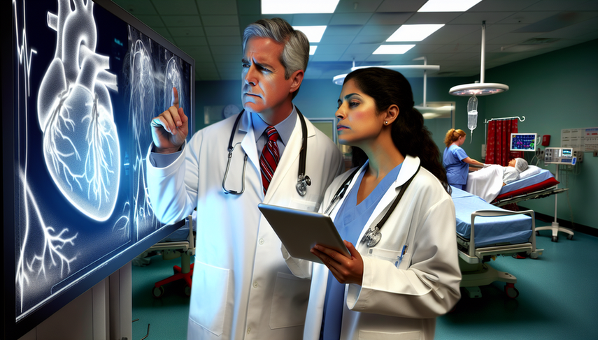 Dos médicos hispanos en una sala de urgencias, analizando datos médicos en una pantalla digital. El doctor señala la pantalla con expresión pensativa, mientras la doctora sostiene una tableta y asiente. La imagen refleja profesionalismo y toma de decisiones críticas en situaciones de dolor torácico severo.