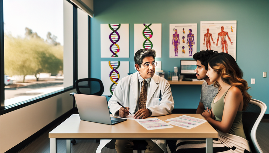 Consultorio médico moderno centrado en el cribado genético y la medicina personalizada. Un médico hispano de mediana edad, con bata blanca y gafas, explica resultados de pruebas genéticas a una pareja joven hispana. En el escritorio hay ilustraciones de hélices de ADN y una computadora portátil mostrando una secuencia genética. La atmósfera es profesional y cálida, destacando la importancia de la consejería genética y la atención médica personalizada.