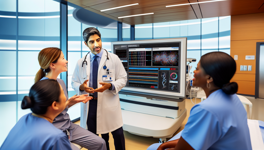Un grupo diverso de profesionales de la salud, incluyendo un médico hispano, una enfermera asiática y una genetista afroamericana, discuten colaborativamente frente a una pantalla digital que muestra la historia clínica electrónica de un paciente con gráficos de datos genómicos. La escena refleja la integración de datos genómicos en la práctica clínica, destacando la innovación y la medicina de precisión.