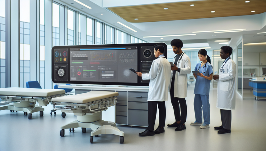 Un grupo diverso de profesionales de la salud, incluyendo un médico hispano, una enfermera asiática y un técnico negro, se reúne alrededor de una pantalla digital que muestra una interfaz de historia clínica electrónica con datos de pacientes y análisis generados por IA. Al fondo, una doctora caucásica revisa información en una tableta. El entorno refleja la integración de la IA en la atención médica, destacando la innovación, la eficiencia y el trabajo en equipo en un hospital moderno.