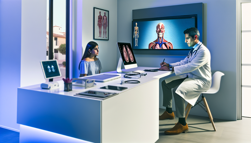 Consultorio médico moderno con tecnología avanzada. Un doctor hispano de unos 40 años, con bata blanca y estetoscopio, observa atentamente una pantalla de computadora que muestra un modelo anatómico 3D. A su lado, una paciente hispana de unos 30 años observa la pantalla con interés. El ambiente es profesional y acogedor, destacando la integración de inteligencia artificial en diagnósticos médicos.