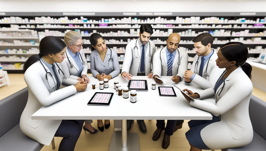 Un grupo diverso de médicos en una farmacia hospitalaria moderna, discutiendo interacciones farmacológicas. En la mesa hay libros de medicina y tabletas digitales con gráficos de interacciones de medicamentos. Al fondo, estantes con medicamentos organizados. Los médicos, con batas blancas y estetoscopios, muestran colaboración y enfoque en la seguridad del paciente.