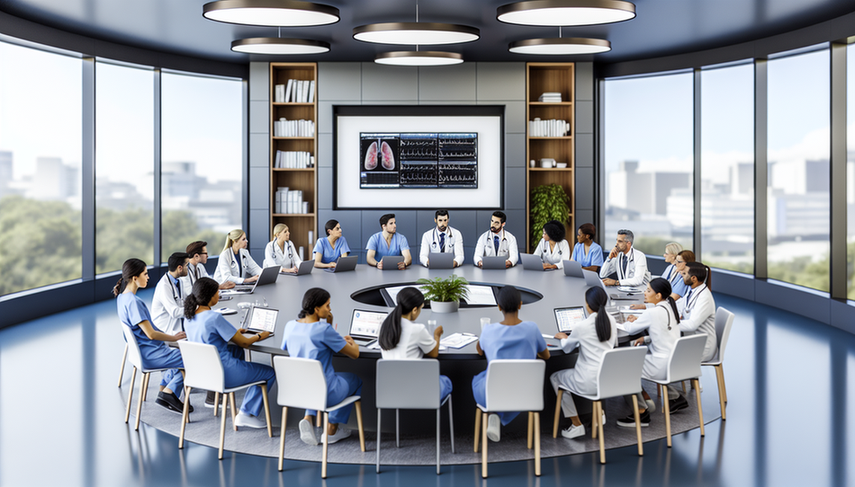 Sala de conferencias de hospital moderna con profesionales de la salud diversos colaborando en una reunión. En el centro, una mesa redonda rodeada de médicos, enfermeras y especialistas de diferentes etnias, discutiendo sobre la atención al paciente. En la pared, una pantalla muestra un gráfico digital con datos de pacientes, reflejando un ambiente de enfoque y trabajo en equipo.