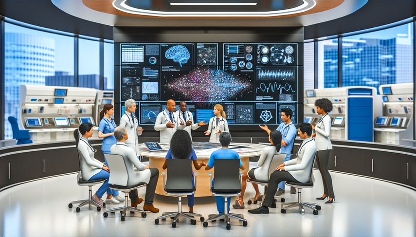 Un grupo diverso de profesionales de la salud, incluidos médicos y enfermeras, se reúne en un hospital moderno alrededor de una pantalla digital grande que muestra visualizaciones de datos complejos. La pantalla está dividida en dos secciones: 'Machine Learning' con gráficos y 'Deep Learning' con diagramas de redes neuronales. Los profesionales discuten y toman notas, destacando la integración de tecnología avanzada en la práctica clínica.