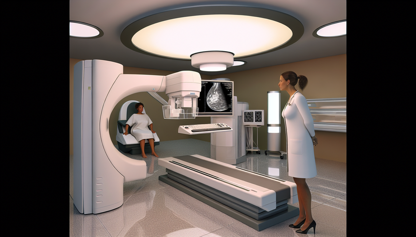 Sala de imagen médica moderna con una máquina de mamografía 3D como punto focal. Una radióloga hispana observa atentamente una pantalla con una imagen de mamografía 3D. En el fondo, una paciente hispana de mediana edad está sentada cómodamente. La escena destaca la tecnología avanzada y el ambiente profesional en la detección del cáncer de mama.