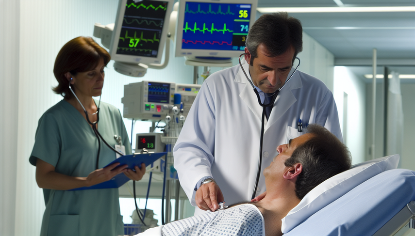 En una sala de urgencias de un hospital moderno en España, un médico hispano de mediana edad examina atentamente a un paciente hispano en sus 50 años, escuchando su pecho con un estetoscopio. El paciente, sentado en una cama de hospital, muestra una expresión de ansiedad controlada. Al fondo, monitores médicos muestran signos vitales. Una enfermera hispana observa la interacción, sosteniendo un portapapeles. La escena refleja un ambiente profesional y enfocado en la atención urgente del síndrome coronario agudo.
